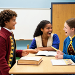 ** A vibrant classroom scene where students are actively engaged in a historical role-playing activity. The teacher is facilitating, not lecturing. Students are smiling and interacting with props and costumes, showing enthusiasm for learning.

**