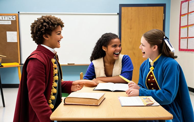 ** A vibrant classroom scene where students are actively engaged in a historical role-playing activity. The teacher is facilitating, not lecturing. Students are smiling and interacting with props and costumes, showing enthusiasm for learning.
**
