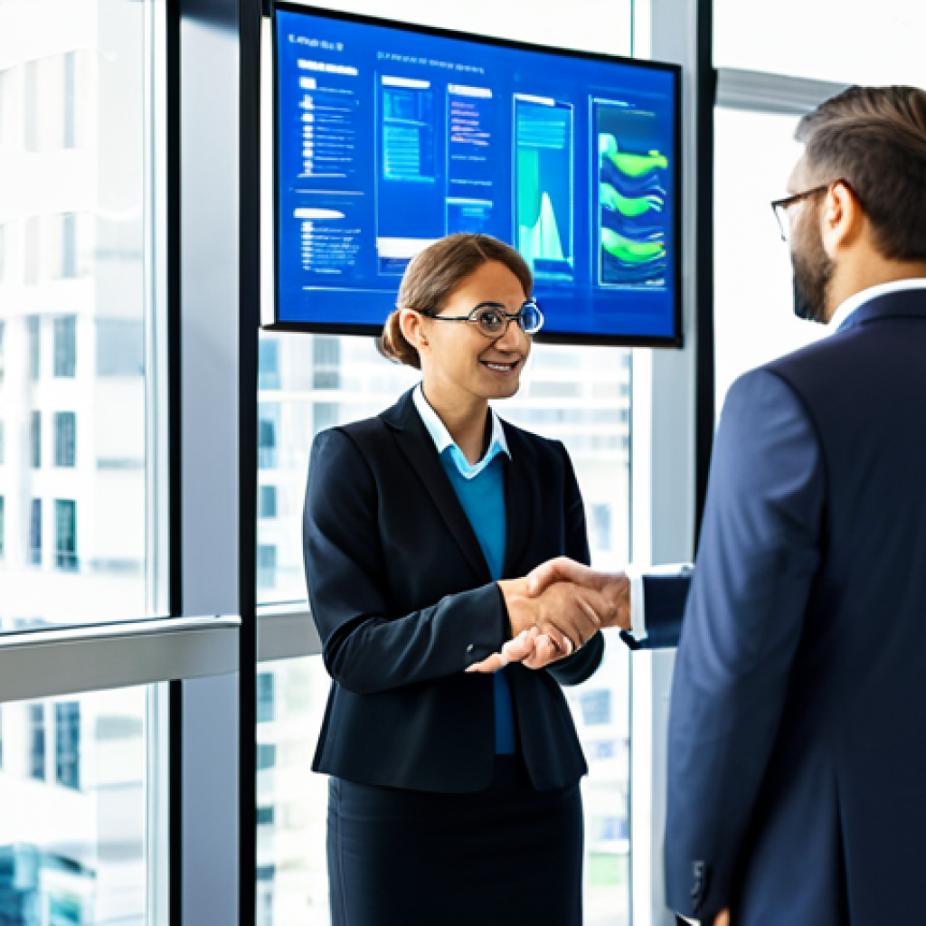 A diverse group of three professional business people, two men and one woman, in modest business suits and professional dress, collaborating around a large interactive digital display in a modern, well-lit office. The display shows complex data visualizations and enterprise software interfaces, symbolizing IT services and consulting. The background features blurred, contemporary office architecture. The individuals are fully clothed, in appropriate attire, with perfect anatomy, correct proportions, and natural poses. Well-formed hands and proper finger count are visible. The image emphasizes professional collaboration, innovation in enterprise software, and data-driven solutions. Safe for work, appropriate content, family-friendly, high-quality professional photography.