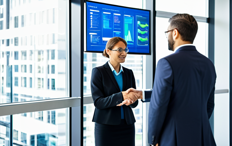 A diverse group of three professional business people, two men and one woman, in modest business suits and professional dress, collaborating around a large interactive digital display in a modern, well-lit office. The display shows complex data visualizations and enterprise software interfaces, symbolizing IT services and consulting. The background features blurred, contemporary office architecture. The individuals are fully clothed, in appropriate attire, with perfect anatomy, correct proportions, and natural poses. Well-formed hands and proper finger count are visible. The image emphasizes professional collaboration, innovation in enterprise software, and data-driven solutions. Safe for work, appropriate content, family-friendly, high-quality professional photography.