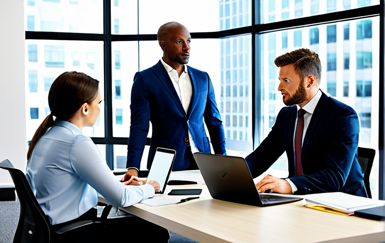 Modern Office Transformation**
A bright, modern office space showcasing collaborative teamwork, diverse professionals engaging in a brainstorming session around a table with laptops and tablets, fully clothed in business casual attire, safe for work, appropriate content, professional, perfect anatomy, natural proportions, high-resolution photography, well-lit.
**