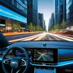 Home 22 패러다임 전환과 IT 기술의 역할 - **Smart Mobility: The Driving Computer and Ecosystem Fusion**
A futuristic, sleek autonomous veh...