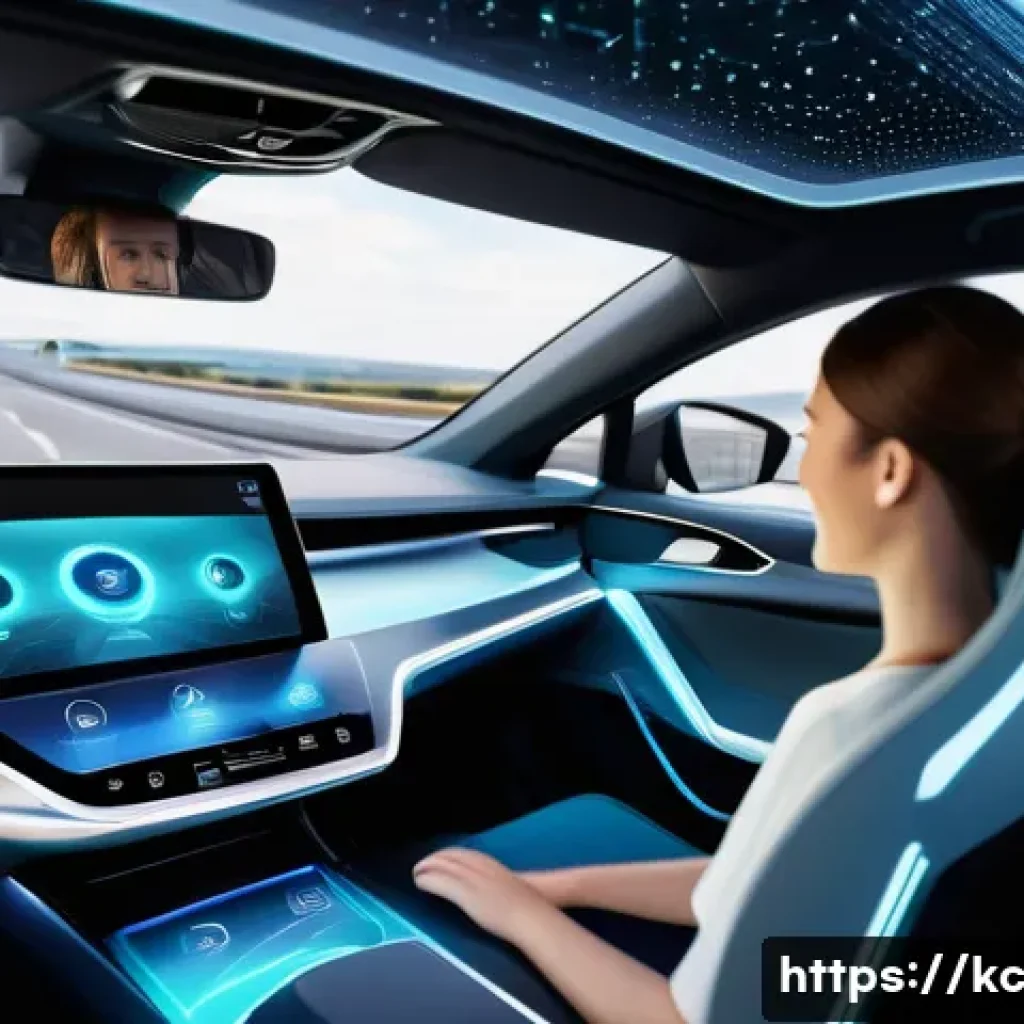 패러다임 전환의 법적 측면 - A family (father, mother, child) smiling comfortably in the back seat of a sleek, futuristic self-dr...