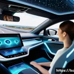 Home 21 패러다임 전환의 법적 측면 - A family (father, mother, child) smiling comfortably in the back seat of a sleek, futuristic self-dr...