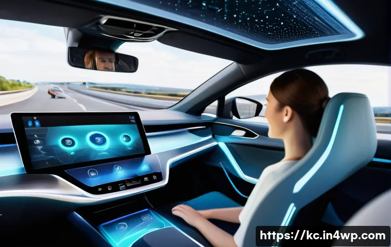 패러다임 전환의 법적 측면 - A family (father, mother, child) smiling comfortably in the back seat of a sleek, futuristic self-dr...