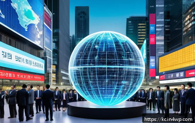 패러다임 전환의 정치적 맥락 - A futuristic political power scene depicting a digital revolution: a large, transparent globe made o...