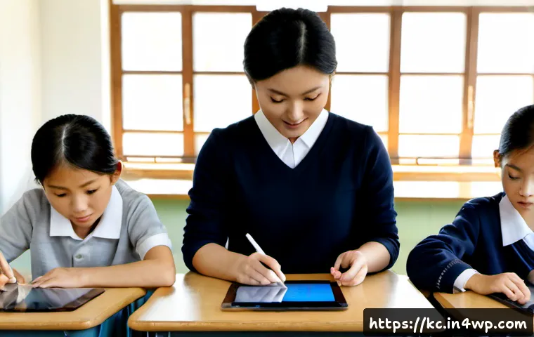 패러다임 전환의 사례  교육 산업 - Photorealistic modern classroom illustrating an educational paradigm shift, a diverse teacher guidin...